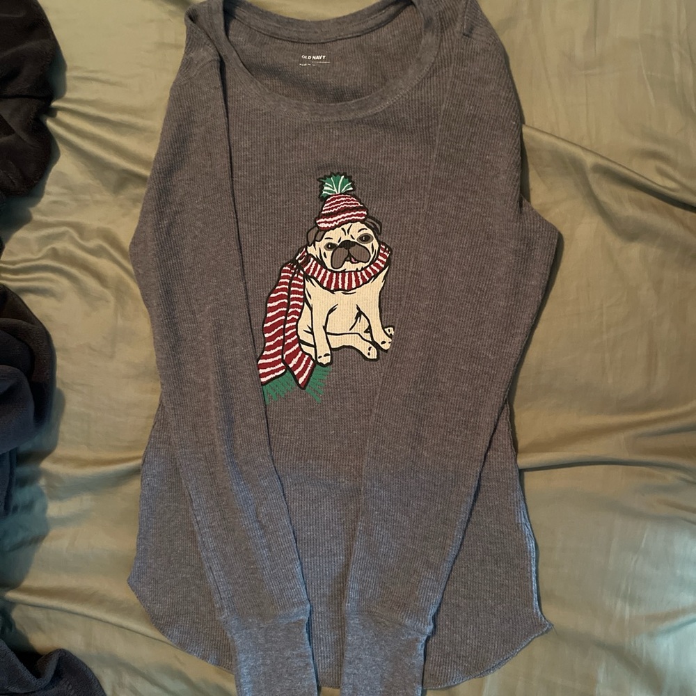 Gray Long Sleeve Top with Pug Design